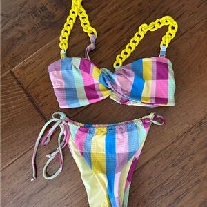 Gianni Bini Multicolor Striped Bikini with Yellow Chain Straps